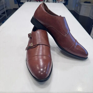 Tahari Men's Shoes Double Monk Strap Faux Vegan Leather Brown SZ 12 BRAND NEW